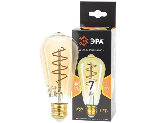 Лампа светодиодная филаментная ЭРА E27 7W 2400K прозрачная F-LED ST64-7W-824-E27 spiral gold Б0047665