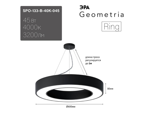 Подвесной светодиодный cветильник Geometria ЭРА Ring SPO-134-B-40K-056 56Вт 4000К черный Б0050565