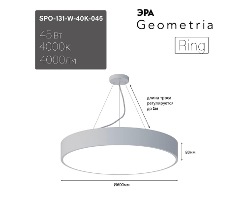 Подвесной светодиодный cветильник Geometria ЭРА Ring SPO-131-W-40K-045 45Вт 4000К белый Б0050558